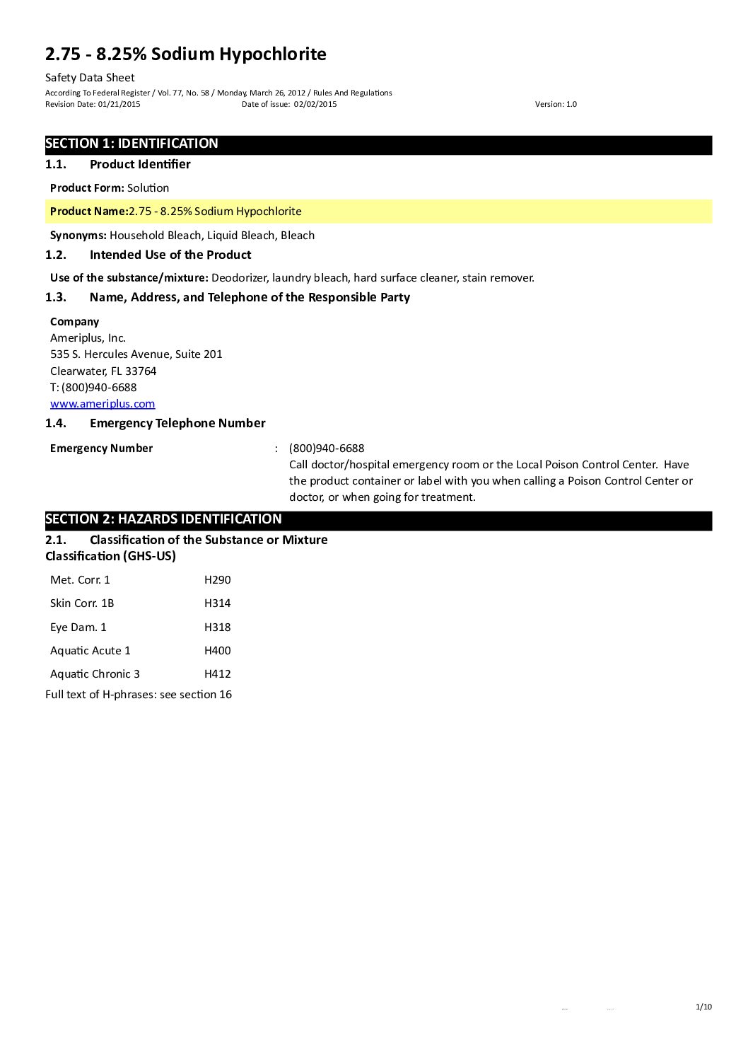 2.75 8.25 Sodium Hypochlorite