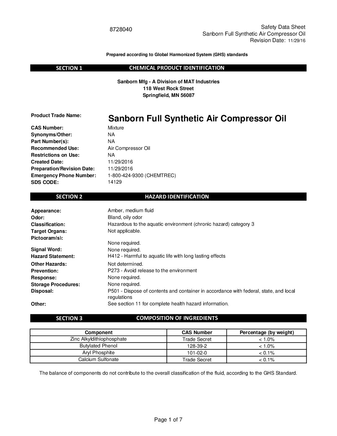 Sanborn Full Synthetic Air Compressor Oil