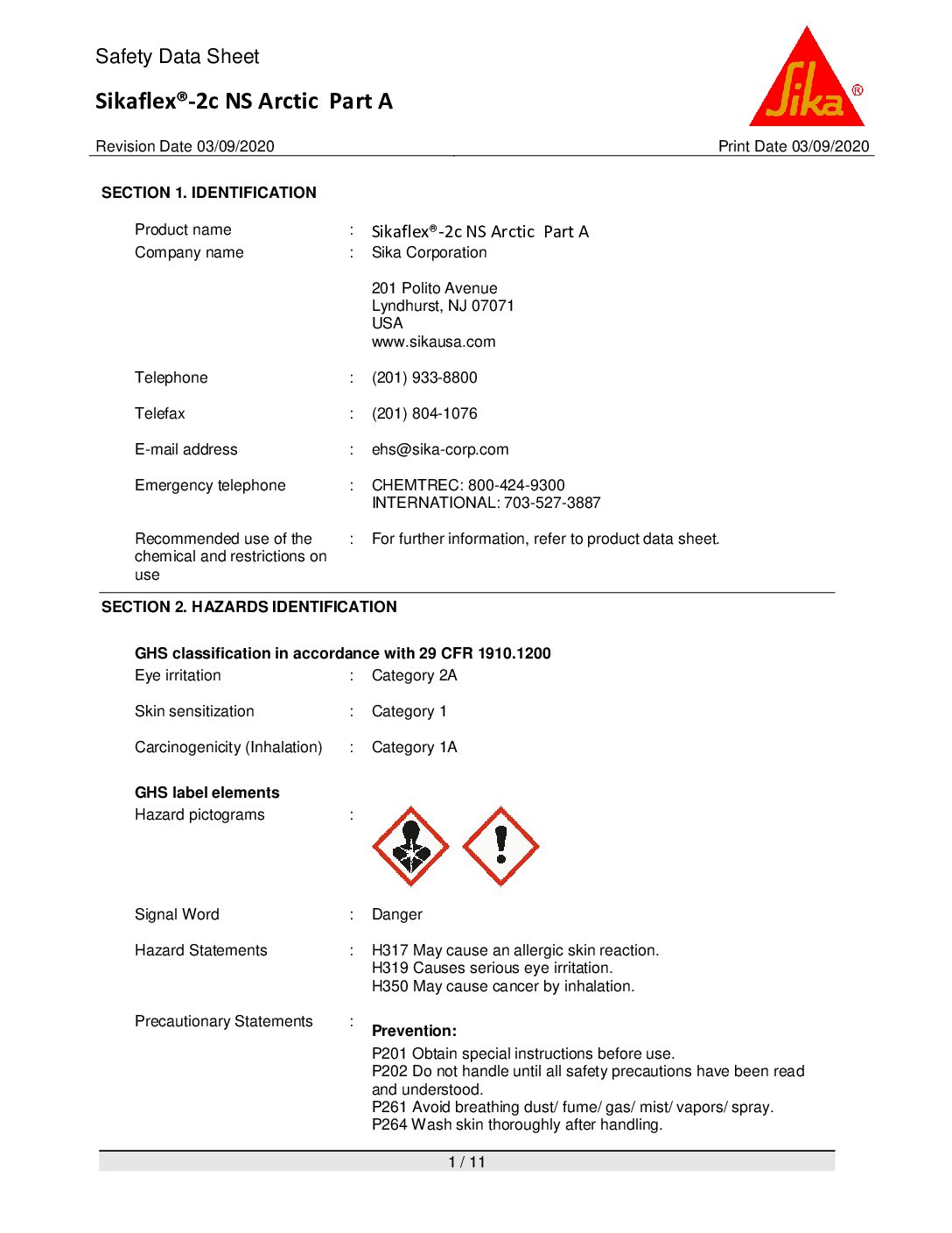 SikaFlex 2c NS Arctic Part A SDS