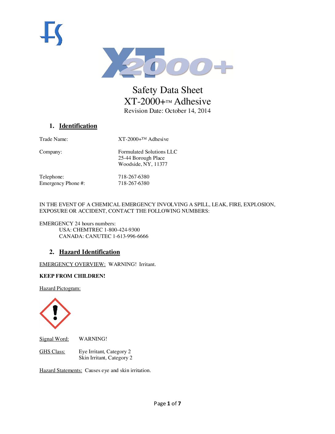 XT 2000 Adhesive SDS